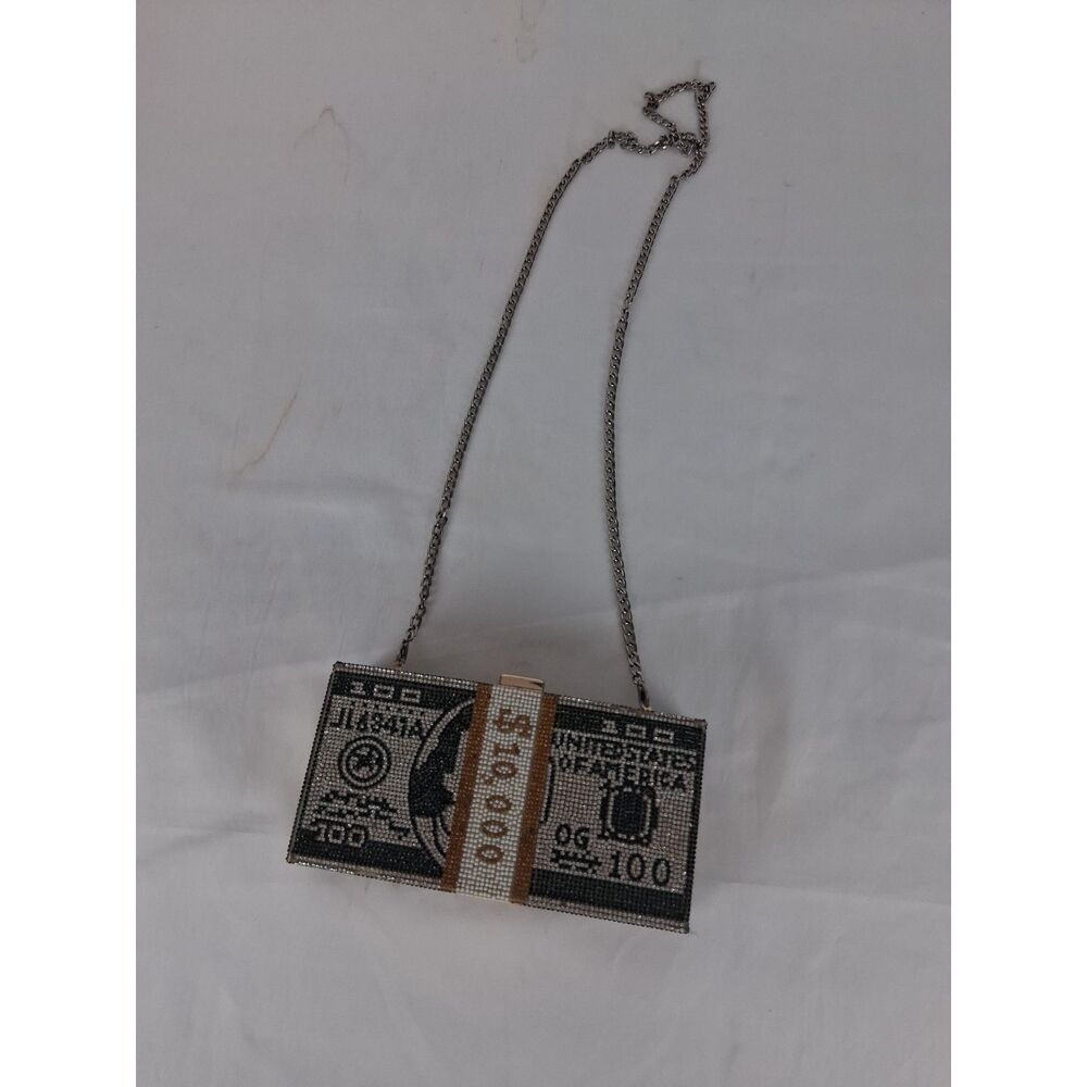 Women’s Rhinestone $100 Dollar Bill Clutch Purse Handbag Chain Strap Bling